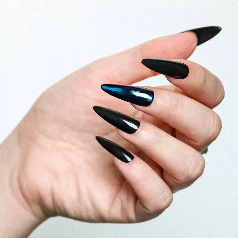 ALLKEM Black Fusion Chrome Long Stiletto 20 pcs full cover fake nails - 20 pcs Full cover Acrylic fake Nails 10 Sizes