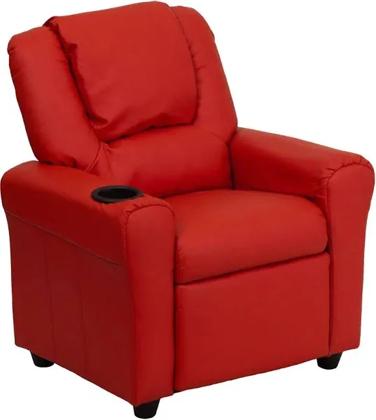 Flash Furniture Vana Vinyl Kids Recliner with Cup Holder, Headrest, and Safety Recline, Contemporary Reclining Chair for Kids, Supports up to 90 lbs., Red