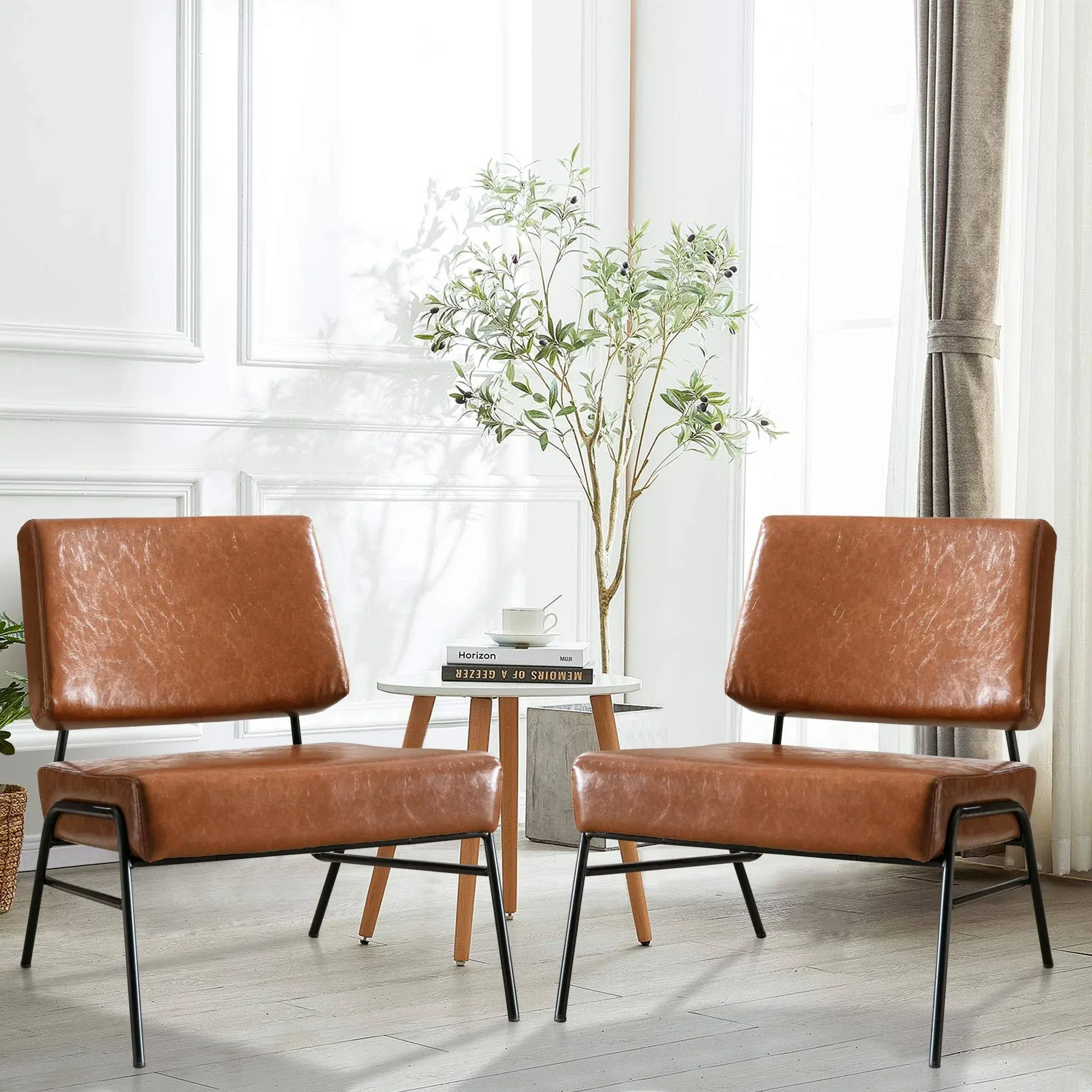 AWQM Brown Leather Accent Chairs Set of 2 for Living Room,Modern Waiting Room