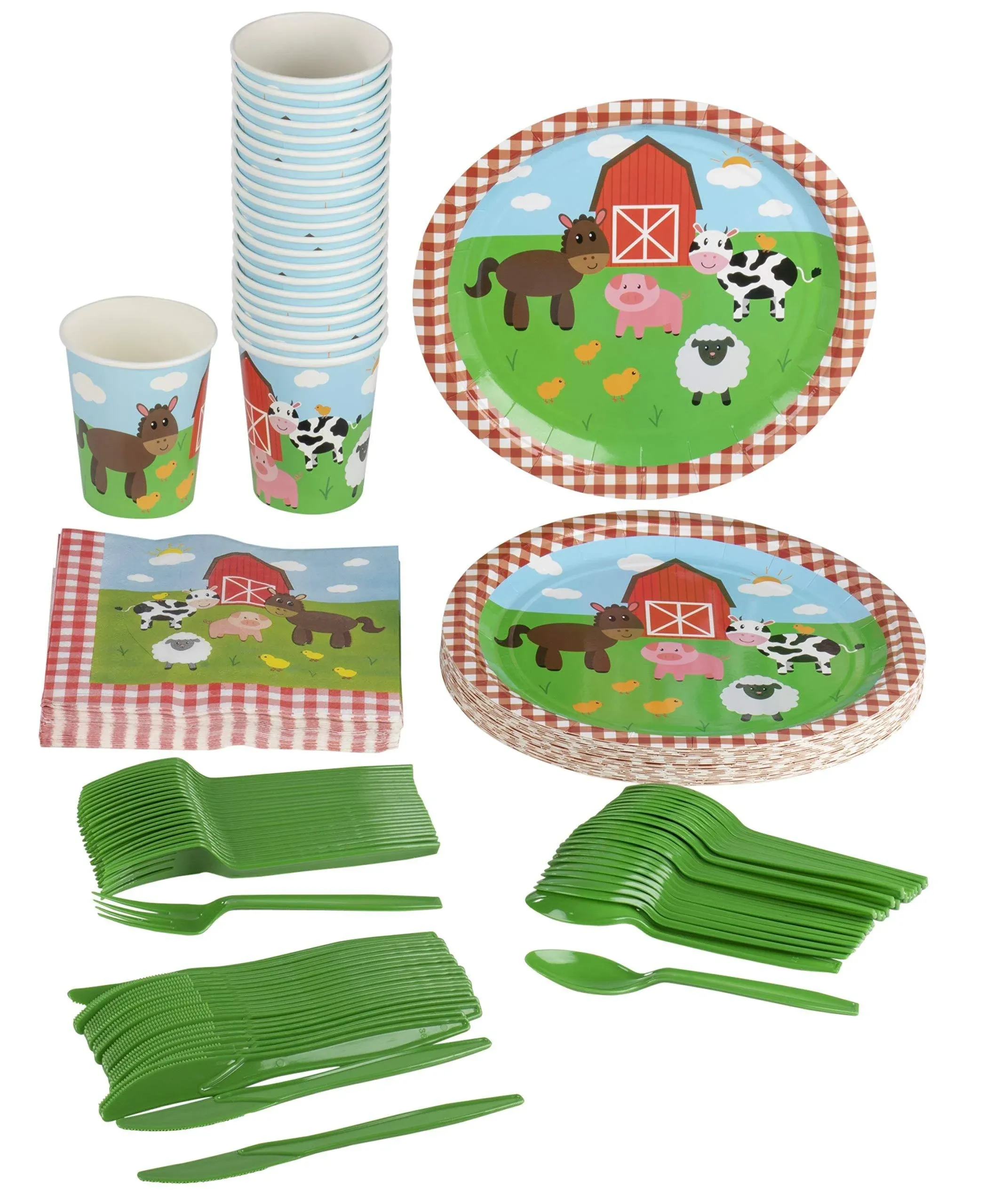 24 Set Kids Party Dinnerware with Plate Knife Spoon Fork Cup Napkin, Farm Animal