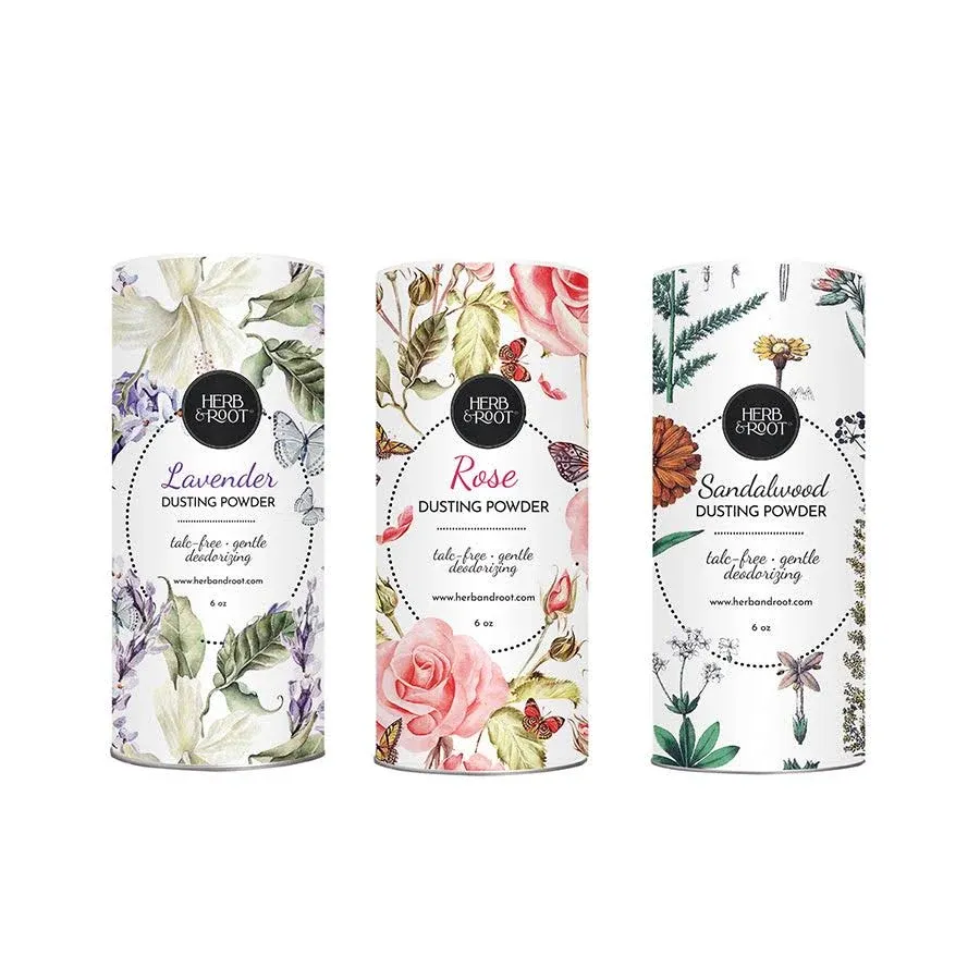 Herb & Root Talc Free Perfumed Body Dusting Powder Set of 3 with Rose, Lavender ...