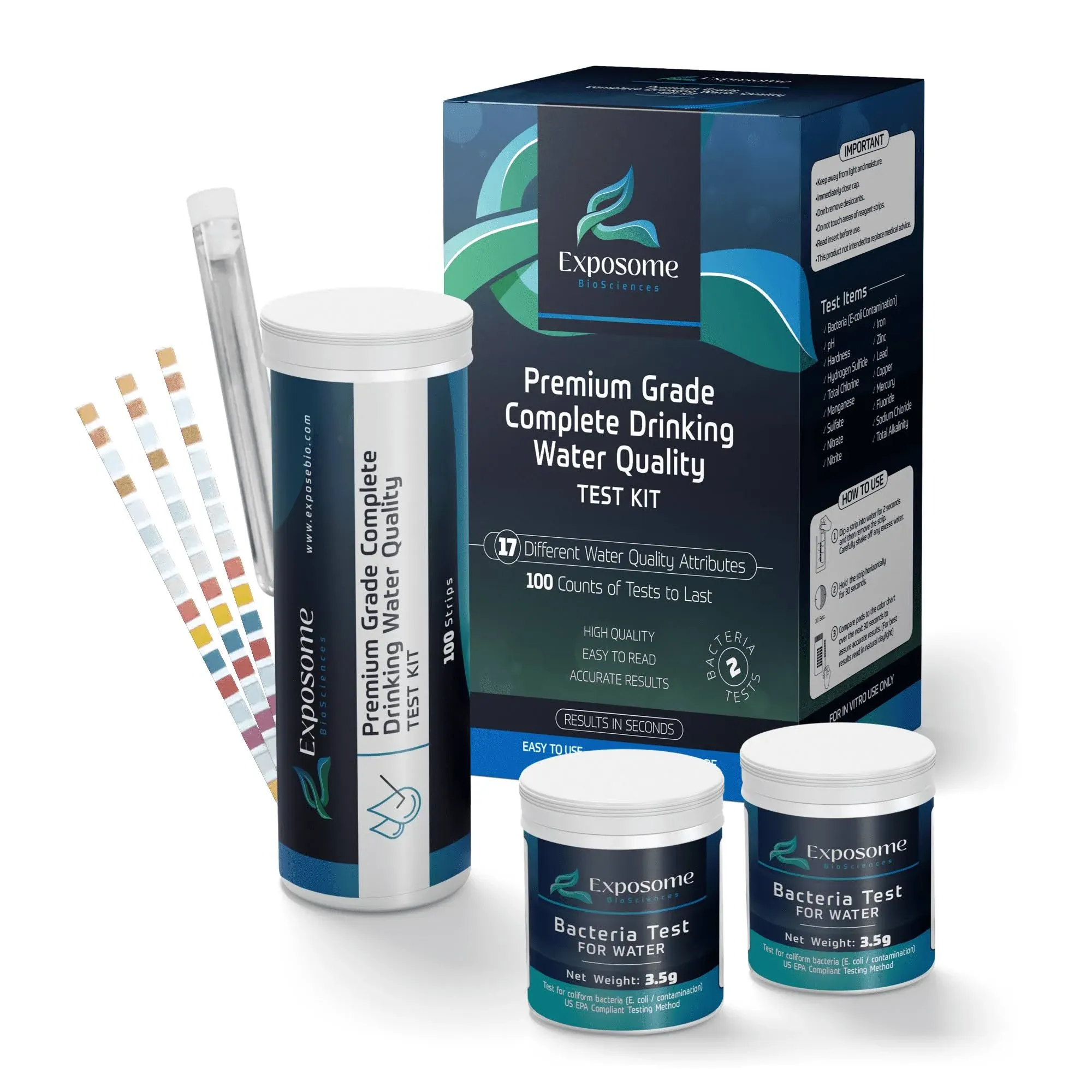 Lab Grade 17 in 1 Drinking Water Test Kit. Detect Multiple Water Chemical Contaminants and Coliform Bacteria in Water. 100 Test Strips + 2 Bacteria Tests. FSA - HSA Reimbursement Eligible