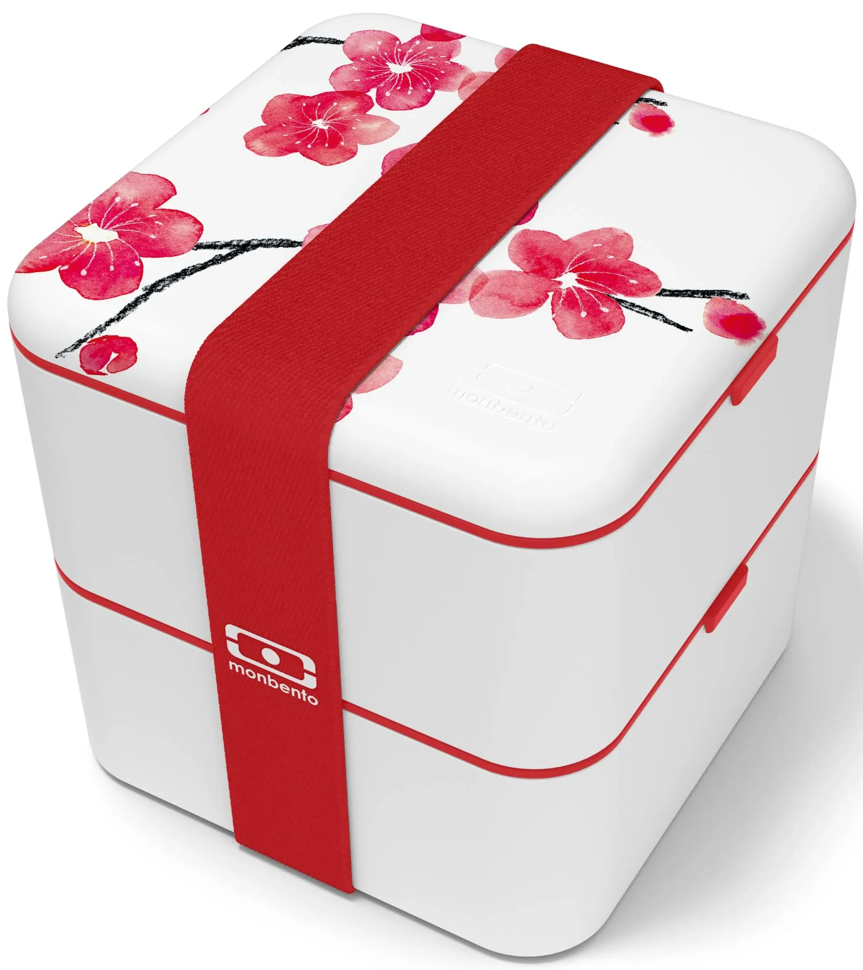 monbento - Large Bento Box MB Square Blossom with Compartments - Leakproof Lunch Box for Work and Meal Prep - BPA Free - Food Grade Safe - Japanese Flowers - Red & White