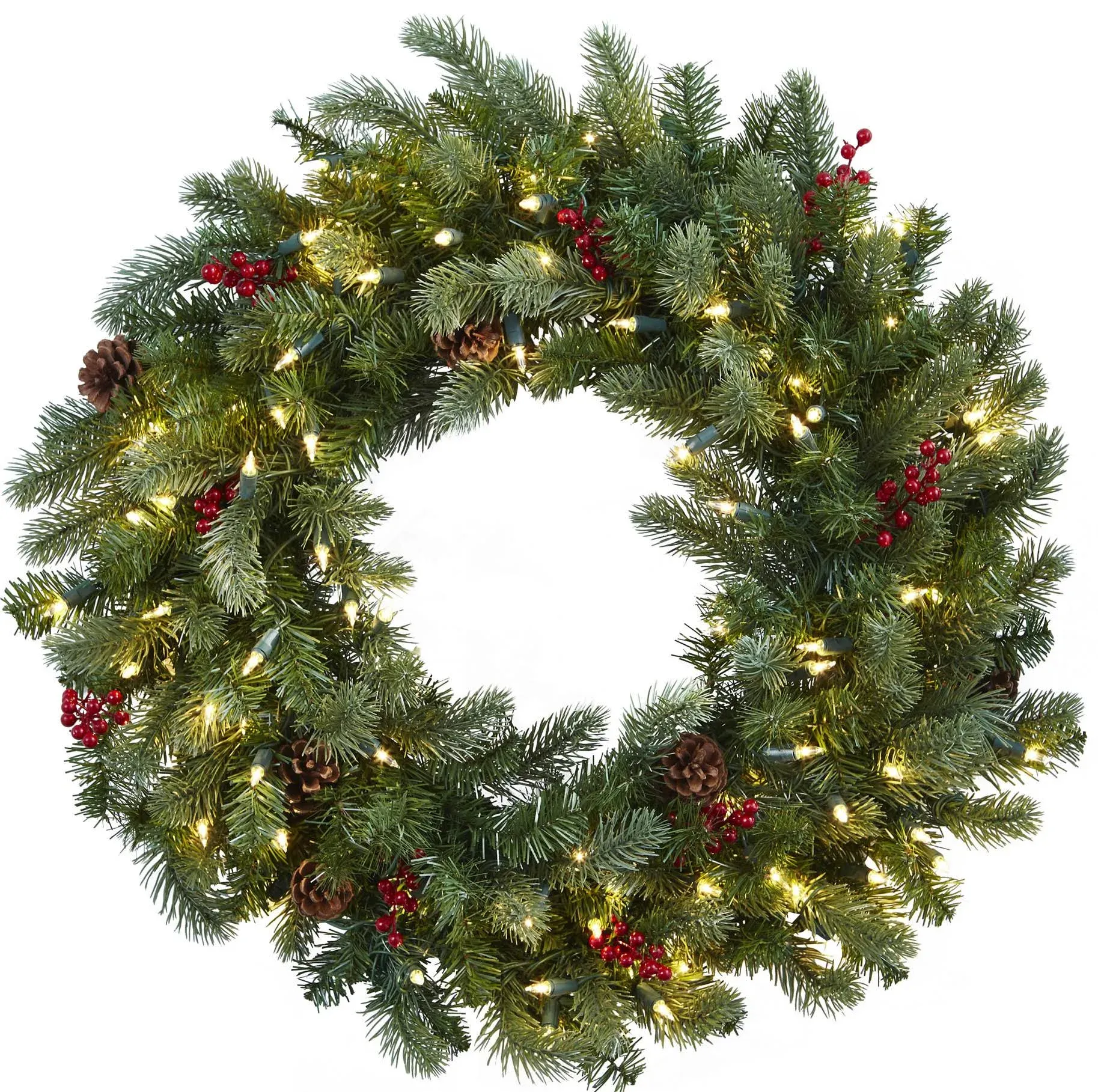 Nearly Natural 30in. Lighted Artificial Pine Wreath with Berries & Pinecones