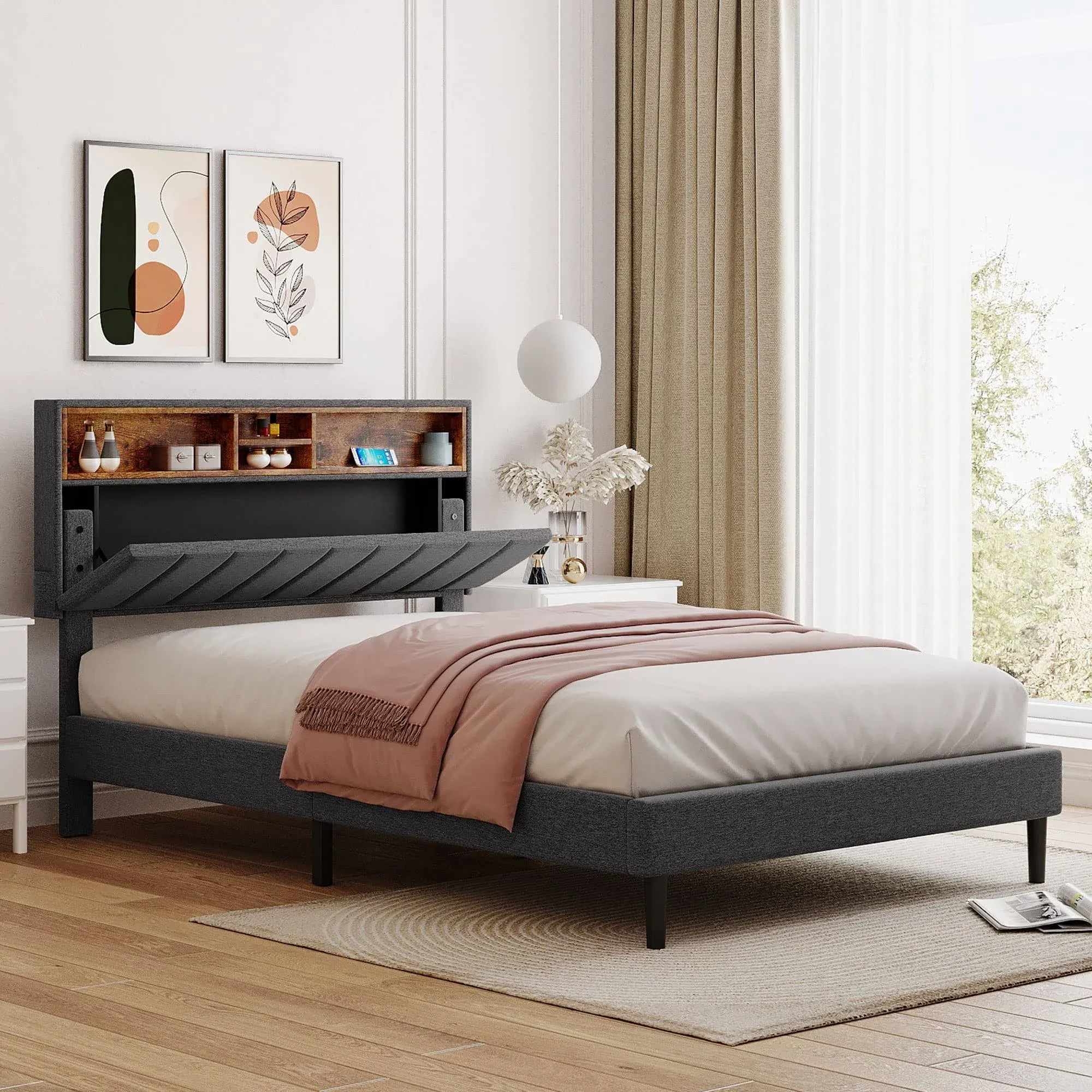 Merax Modern Upholstered Platform Bed with Storage Headboard and USB Port Wood Bed Frame No Box Spring Needed/Easy Assembly Queen, Gray