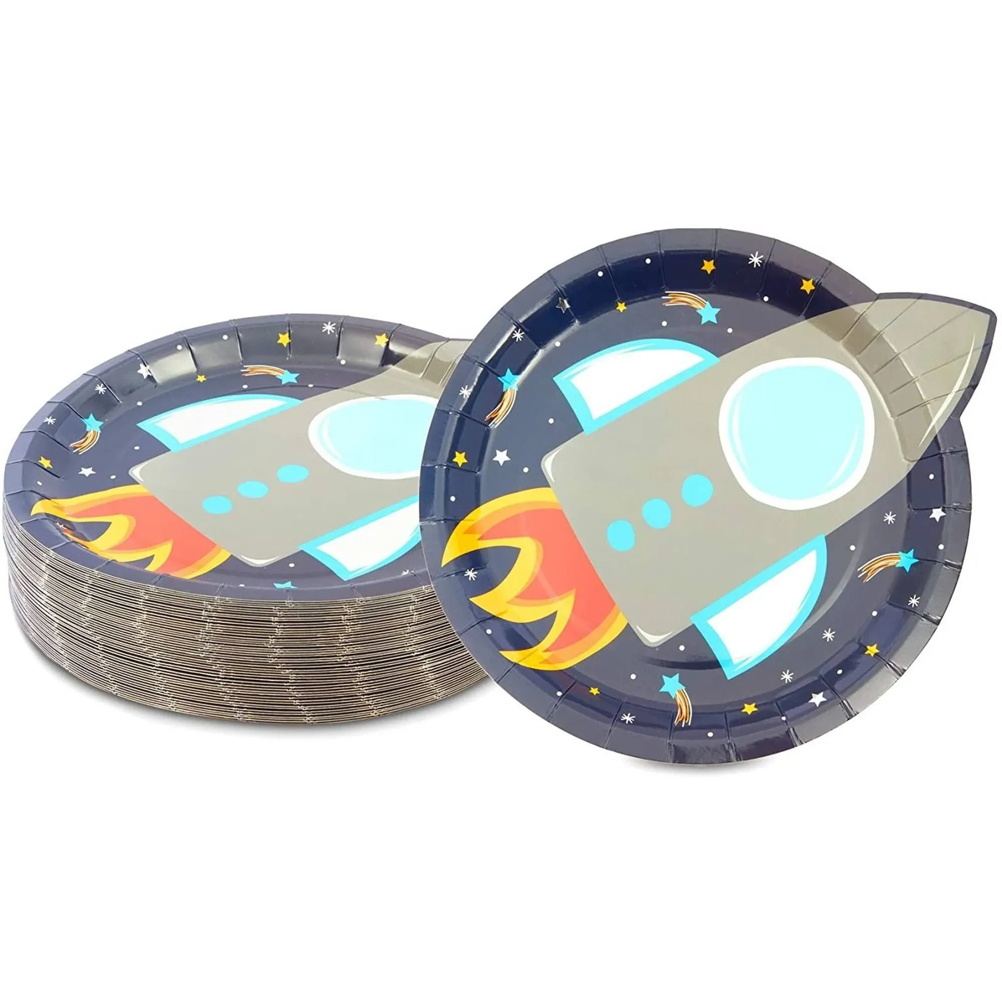 BLUE PANDA 48 Pack Rocket Ship Paper Plates for Kids Outer Space Birthday Party Supplies, Decorations (9 Inches)