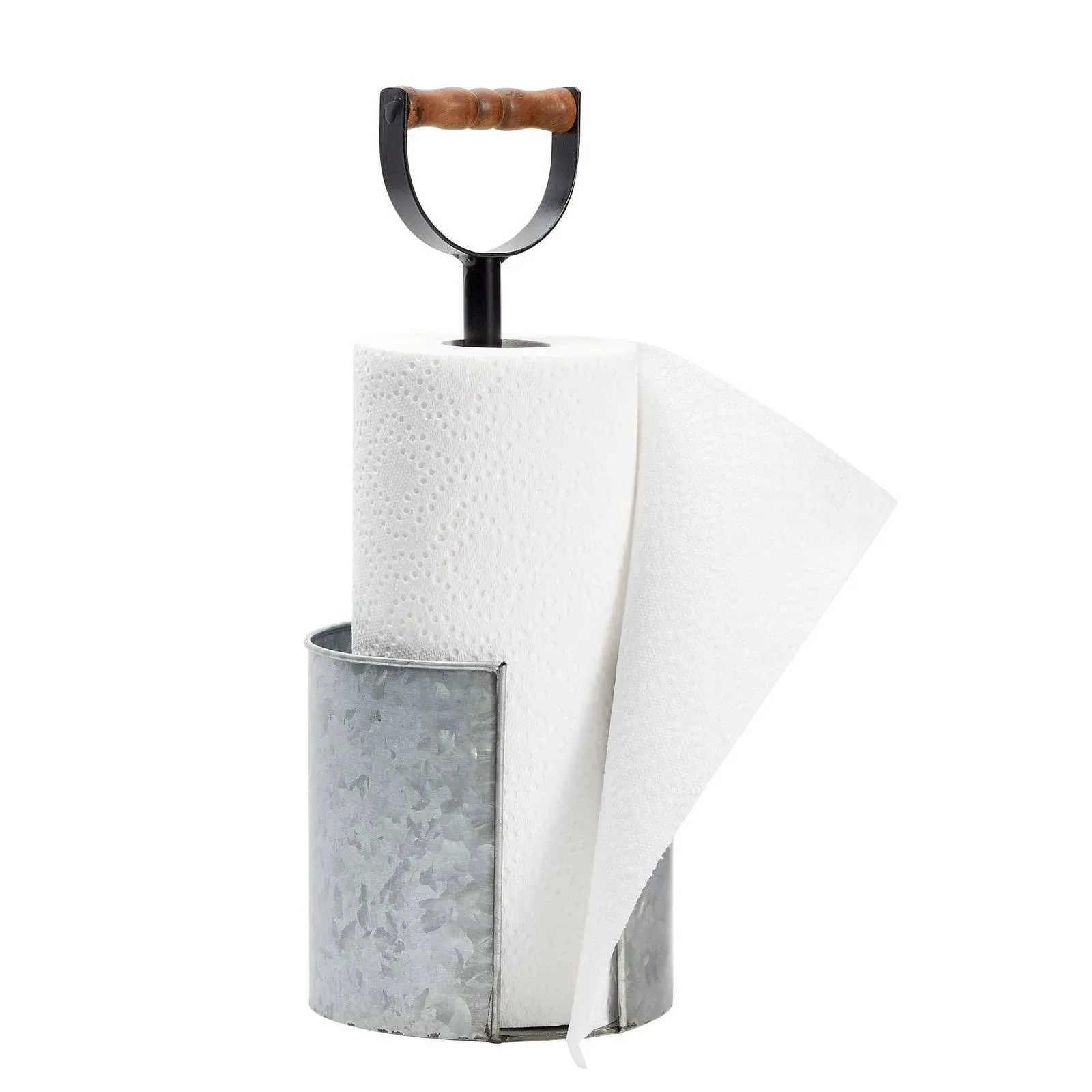 Kitchen Paper Towel Holder for Countertop with Wooden Handle, Galvanized Farmhouse Decor (6 x 16 in)