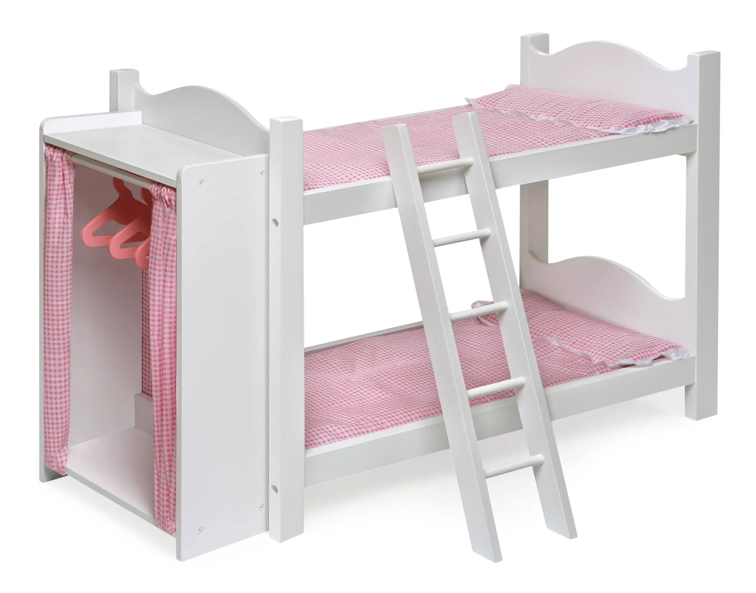 18-inch Doll Bunk Bed w/ Storage Closet Armoire Wooden Toy Furniture White/Pink