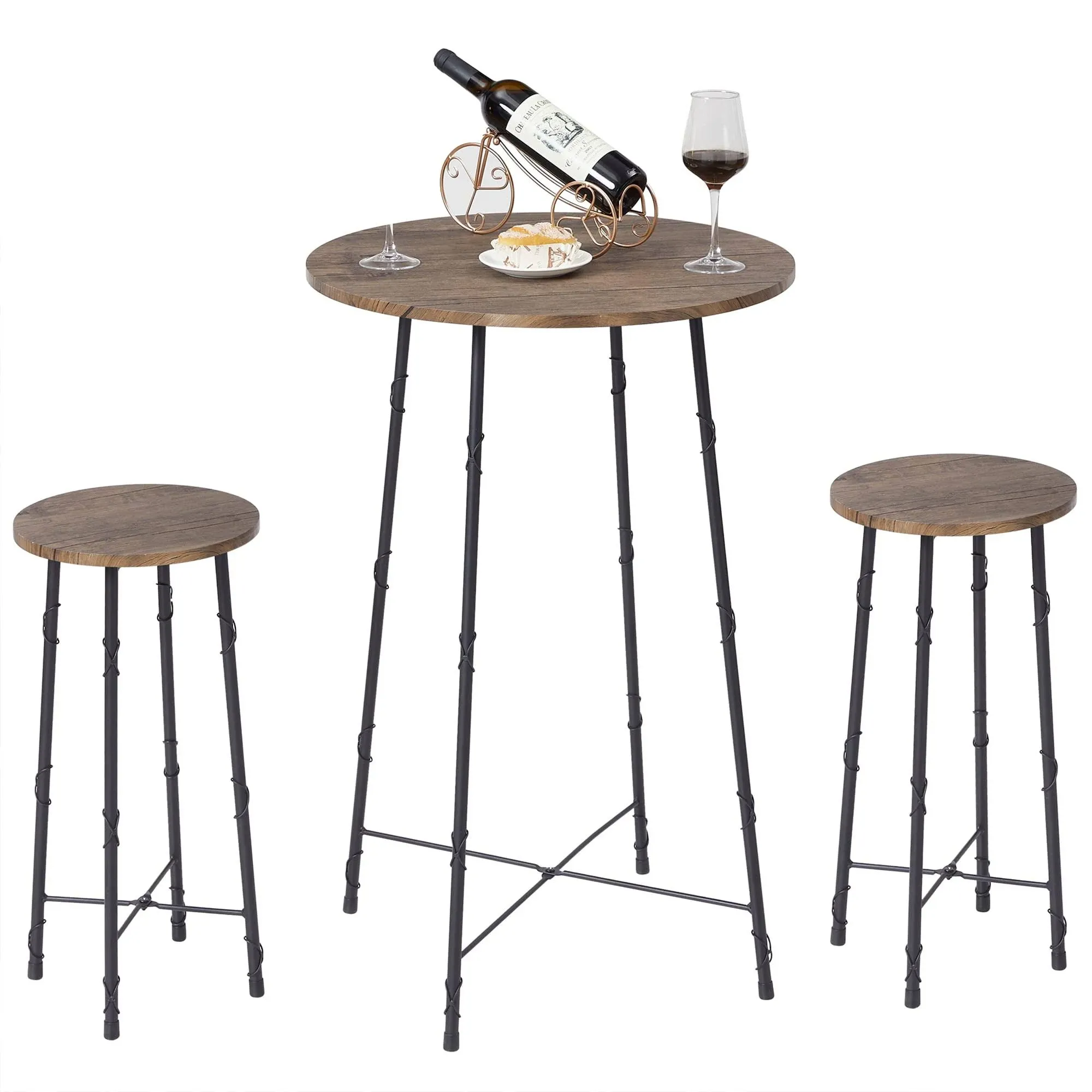 VECELO 3 Piece Round Pub Dining Set, High Top Bar Table and Stools for 2, Bis...