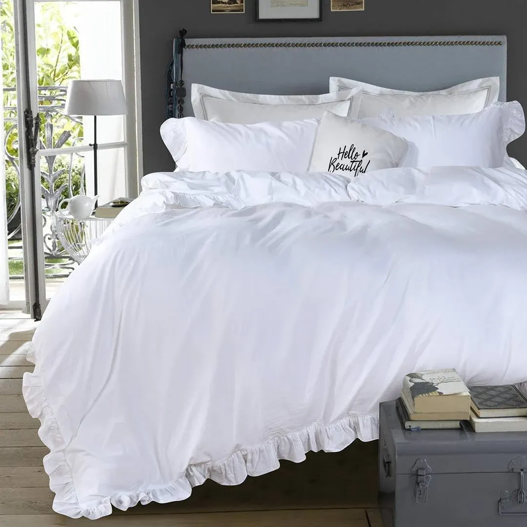 QSH White Ruffle Duvet Cover Queen 100% Washed Cotton Farmhouse Shabby Boho Chic ...