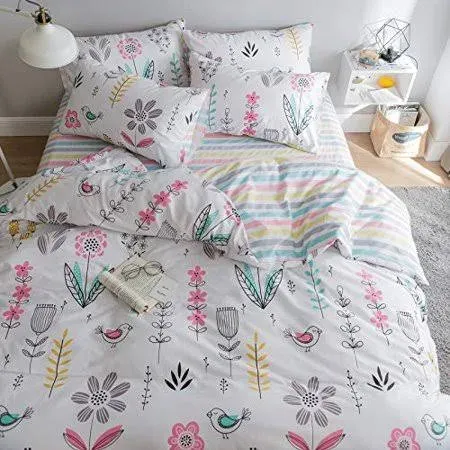 BuLuTu Floral Bird Print Pattern Girls Duvet Cover Twin White Premium Cotton Nature Blossom Colorful Reversible Kids Bedroom Comforter Cover Bedding Sets for Teen Toddler,Zipper Closure