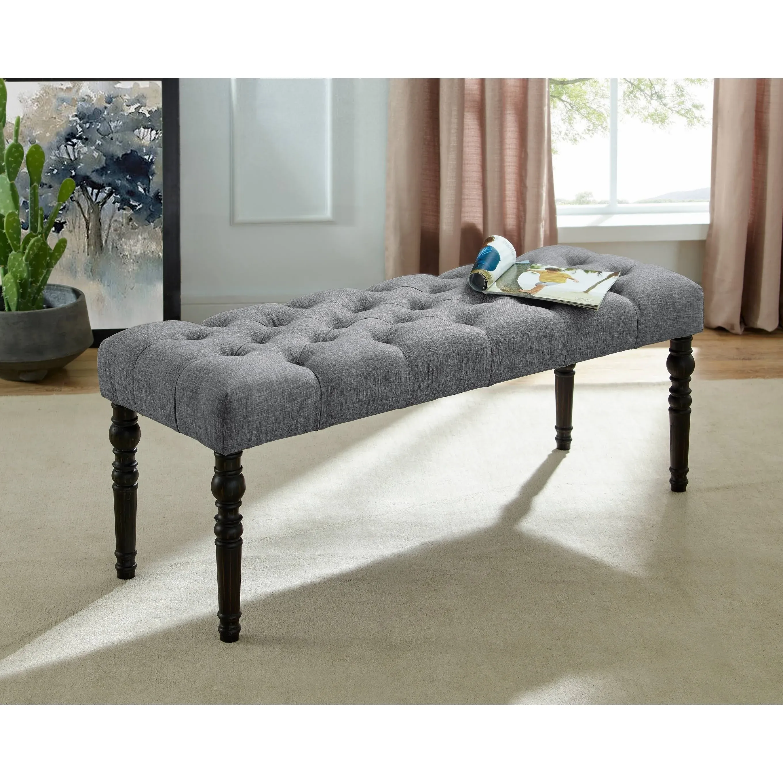 Roundhill Furniture Leviton Fabric Tufted Turned Leg Dining Bench in Gray