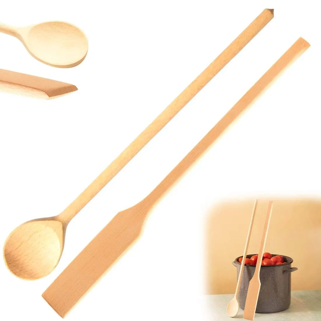 Mr.woodware Wooden Stirring Paddle &amp; Spoon Set 24 Inch Long Handle Beech Wood Wo