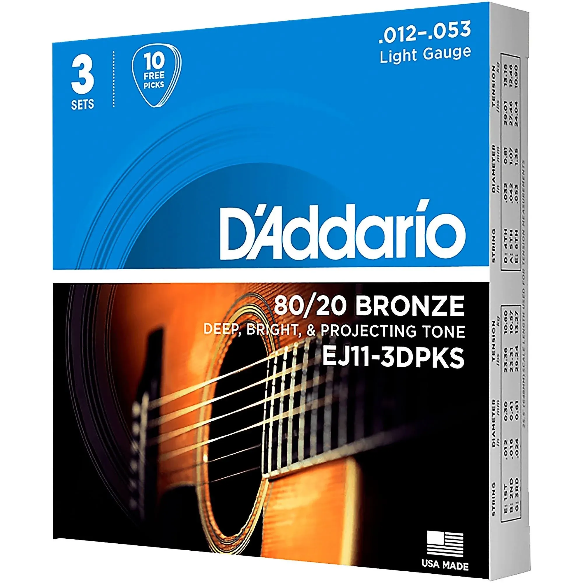 D'Addario Guitar Strings - Acoustic Guitar Strings - 80/20 Bronze - For 6 String Guitar - Deep, Bright, Projecting Tone - EJ11-3D - Light, 12-53 - 3-Pack