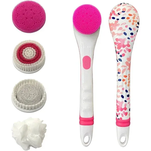 Battery Powered Body Brush, with 4 Cleansing Brush Heads, Exfoliating Body Brush, 14 inches (Floral)