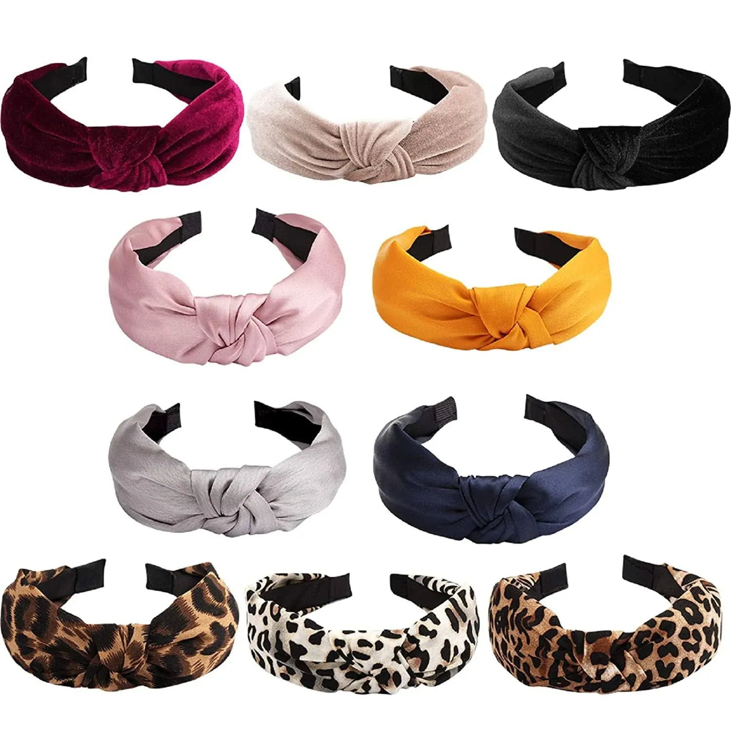 Ondder Hairband, Knotted Headbands for Women 10 Pack, Fabric Wide Headbands for Thin Thick Hair, Top Knot Cute Headbands, Solid Color Headband Assorted, Hairband