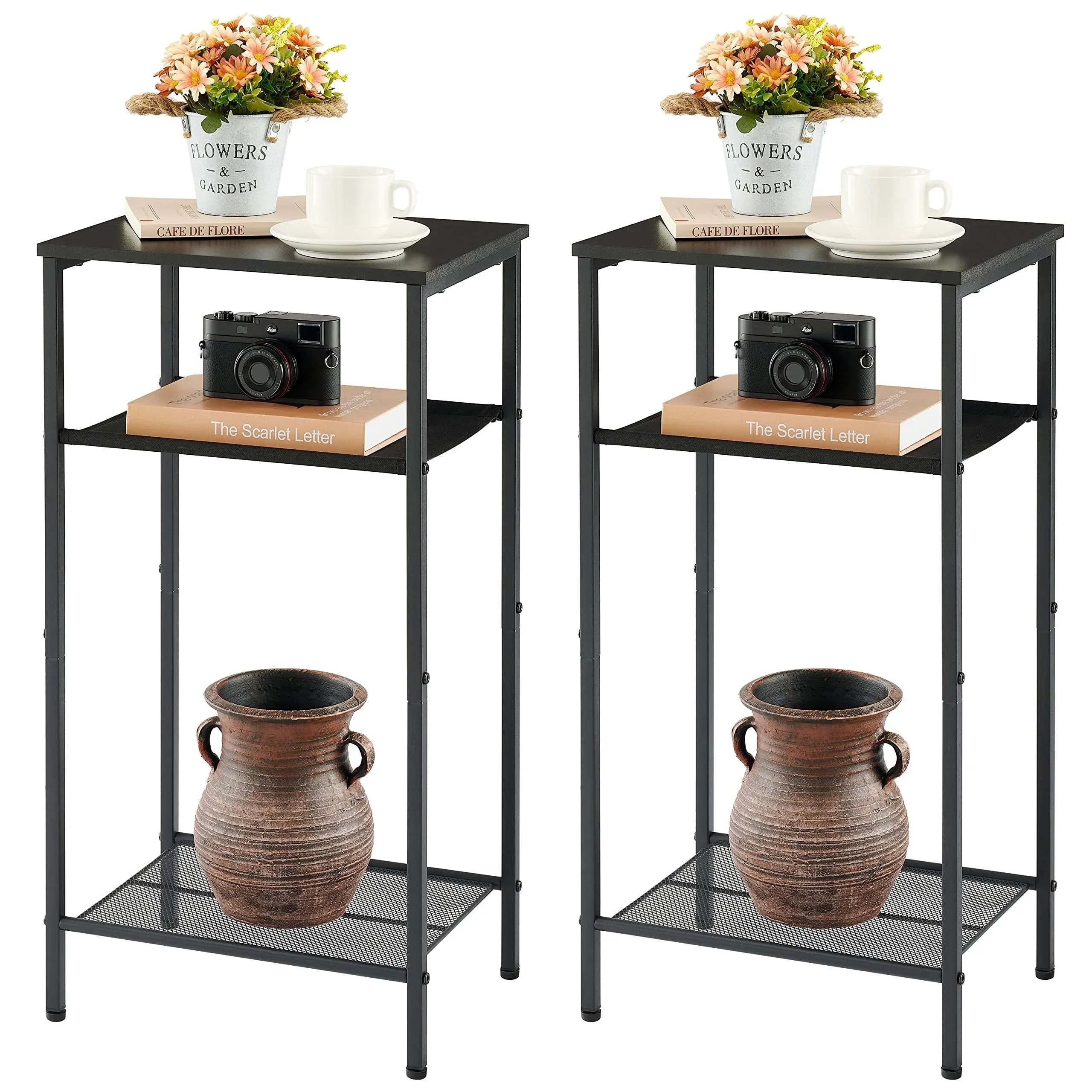 2-Set 3 Tier End Table, Telephone Table Set of 2, Tall Side Table with Storage Set of 2, Small Nightstand for Small Spaces,