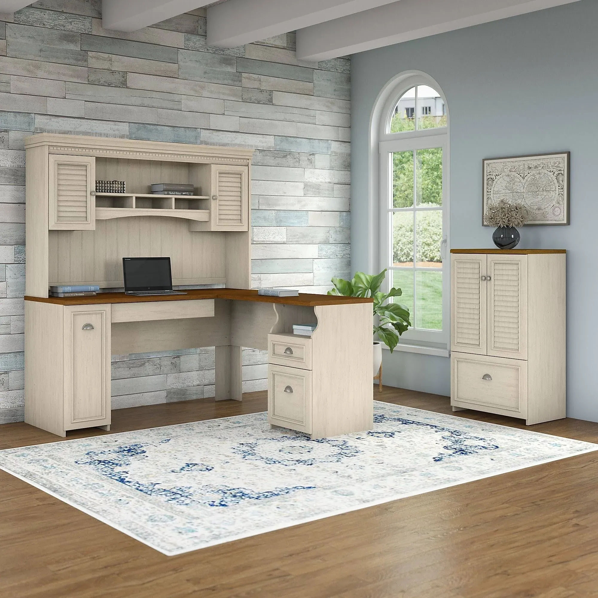 Bush Furniture Fairview L Shaped Desk with Hutch and Storage Cabinet with File Drawer, 60W, Antique White