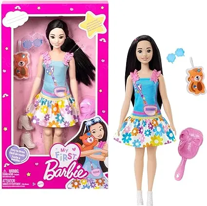 Barbie: My First Preschool Doll, Renee with 13.5-inch Soft Posable Body & Black Hair, Plush Squirrel & Accessories