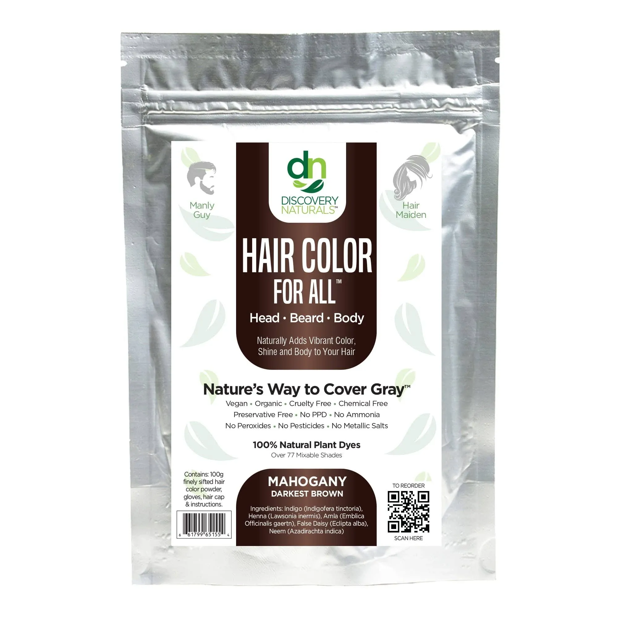 Discovery Naturals Brown Henna Hair Color for All Kit | 100% All Natural Indigo Powder Hair Dye & Beard Dye (Mahogany Darkest Brown) Organic, Her