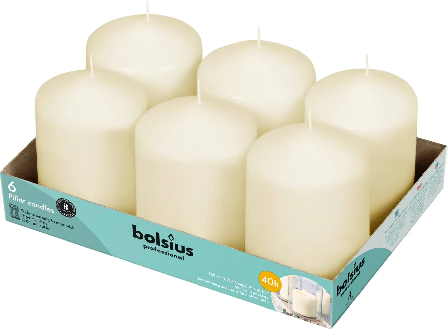 BOLSIUS 6 Ivory Pillar Candles Bulk - 3x4 Inches Candle Set - 40+ Hours Clean Burning - No Palm Oil - 0% Animal Fat - Premium European Quality - Unscented Dripless Restaurant Pillars