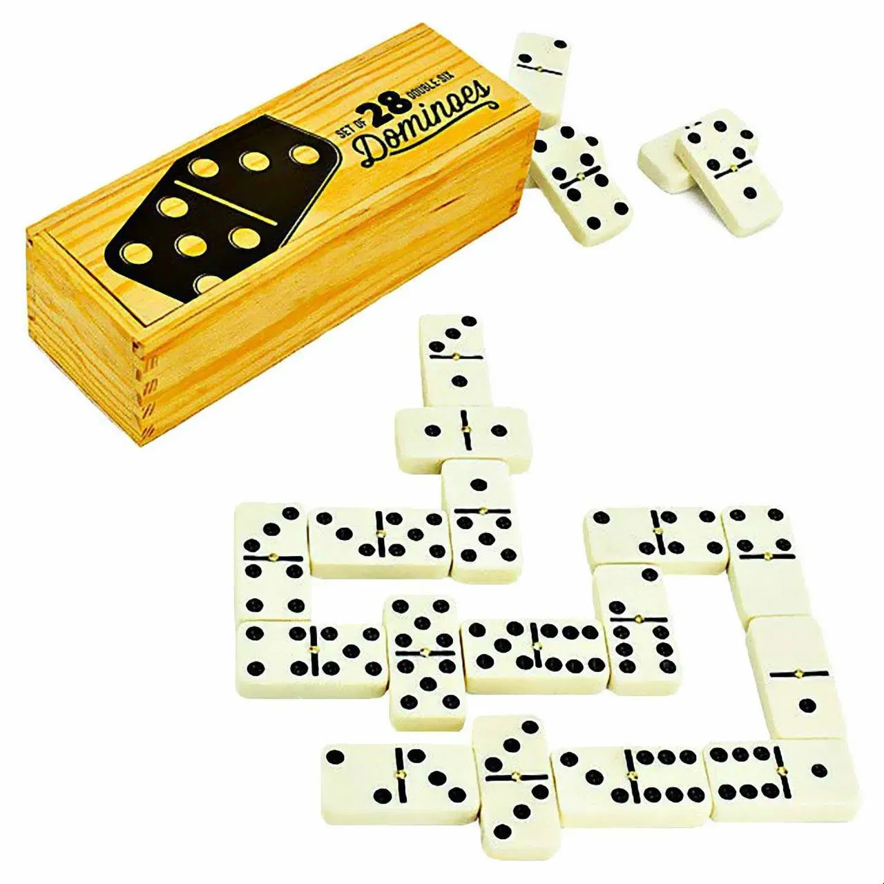 Double Six Dominoes Game Set featuring Brass Spinner Dominoes &amp; Wooden Box