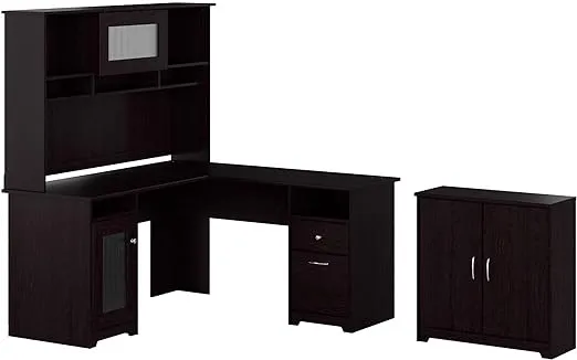 Bush Furniture Cabot 60W L Shaped Computer Desk with Hutch and Small Storage Cabinet in Modern Walnut