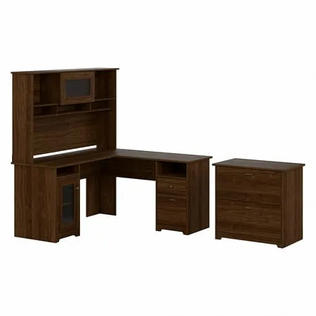 Bush Furniture Cabot L Shaped Desk with Hutch and Tall Storage Cabinet with Doors in Espresso Oak-CAB017EPO