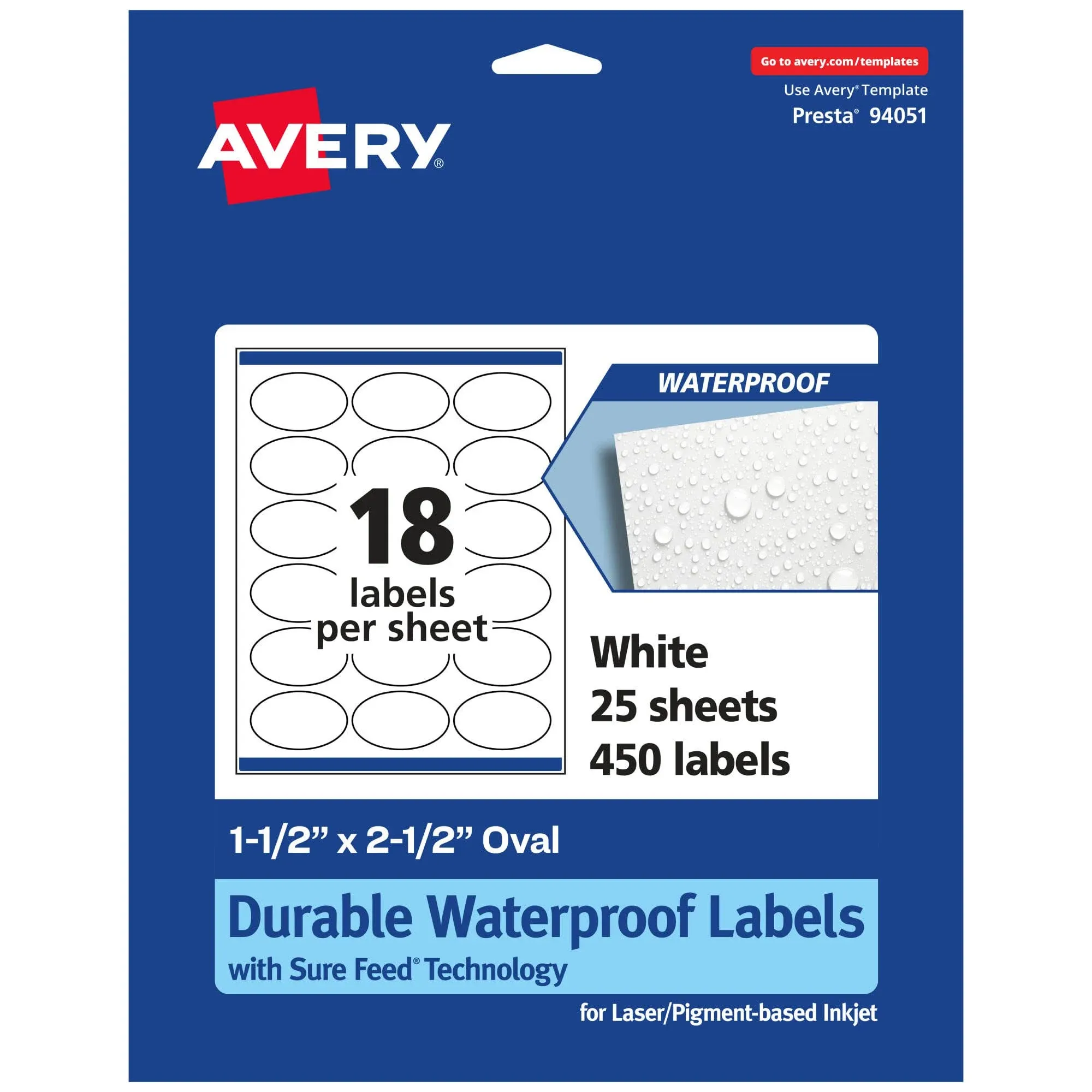 Avery Durable Waterproof Oval Labels with Sure Feed, 1.5" x 2.5", 450 Oil and Tear-Resistant Waterproof Labels, Laser/Pigment-Based Inkjet Printable Labels