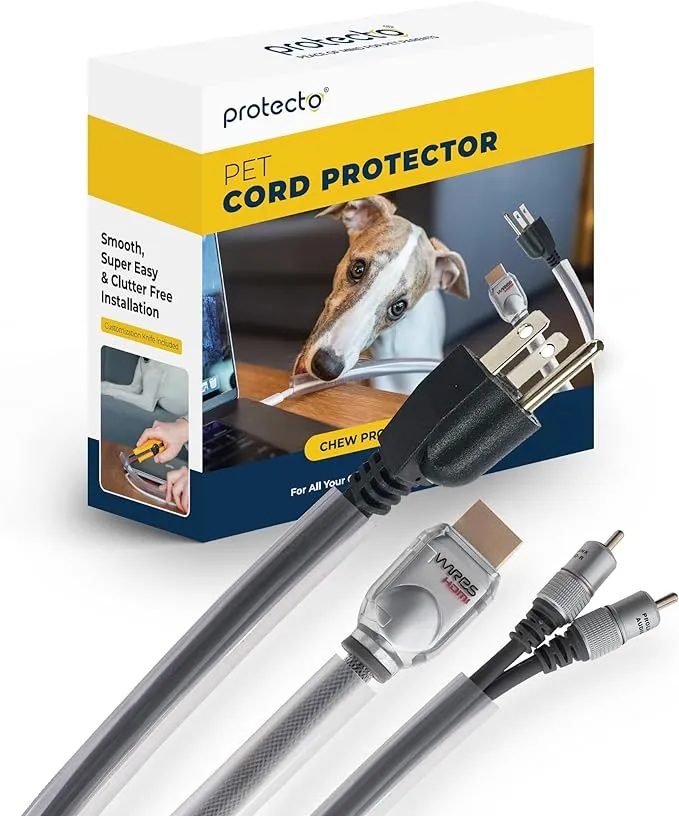 PROTECTO Heavy Duty Cord Protectors from Pets No Chew Solution, 10ft Easy to Use Dog & Cat Cord Protector, Clear & Odorless Critter Cord Covers for Pets, Power Audio & Video Wire Protector Tubing