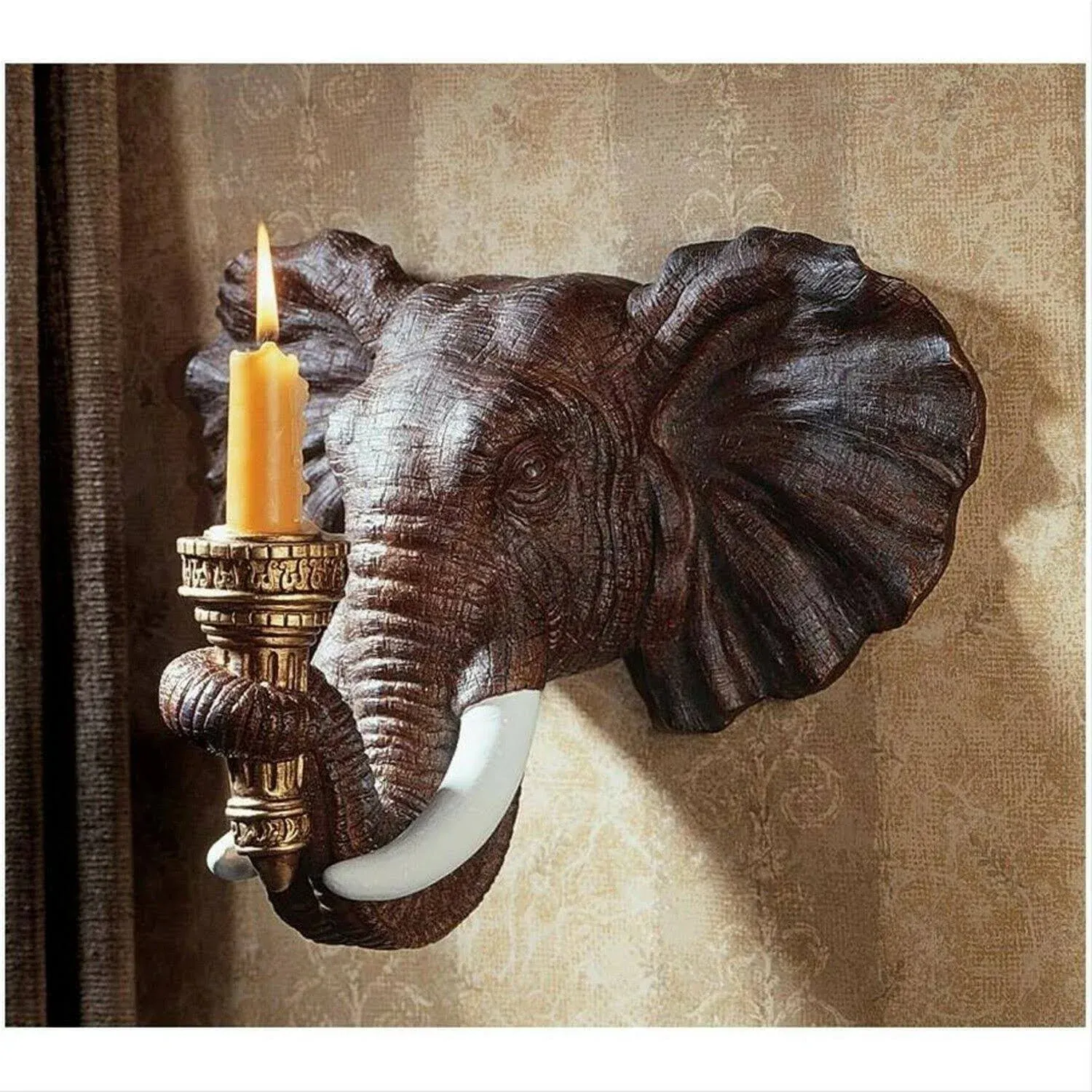 Design Toscano NG30614 Elephant African Decor Candle Holder Wall Sconce Sculpture, 12 Inch, Polyresin, Full Color,Single