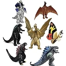 Set of 7 Godzilla Dinosaur Toys King of The Monsters Movable Joint Action Figures Mini Mothra Imago Shin Burning Heisei Mecha Ghidorah Kids Birthday Cake Toppers Pack, Travel Bag