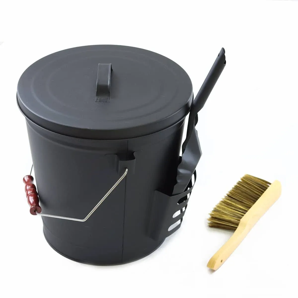 Ash Can with Lid, Shovel and Hand Broom, 5.2 Gallon Metal Coal Ash Bucket for