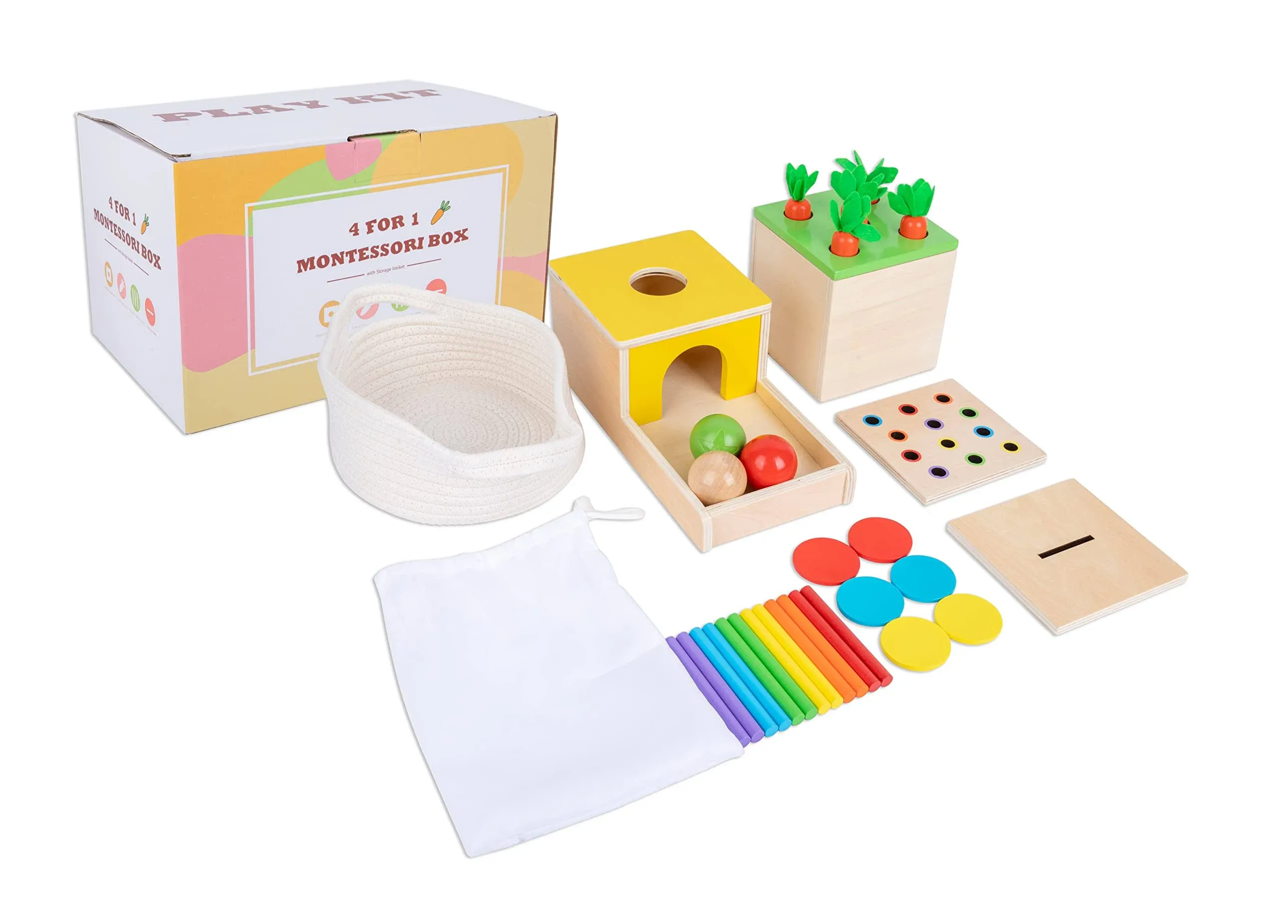 Montessori Toys for 1+ Year Old Baby Gifts,Play Kit Box Includes Carrot Harvest Games,Infant Coin Box,Fine Motor Skills Toys and Object Permanence