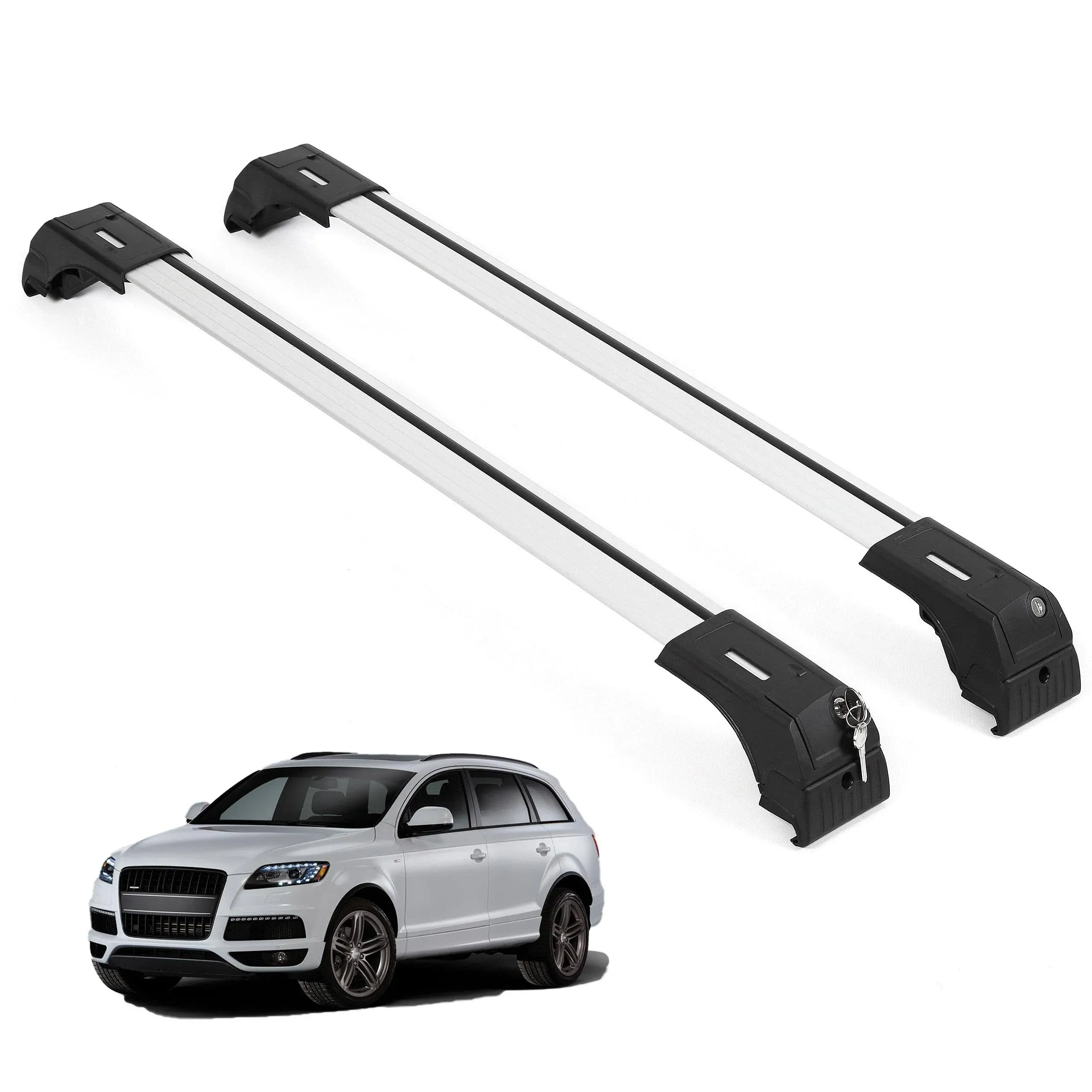 ERKUL Roof Rack Cross Bars for Audi Q7 2007-2015 | Aluminum Crossbars with Anti Theft Lock for Rooftop | Compatible with Flush Rails - Silver