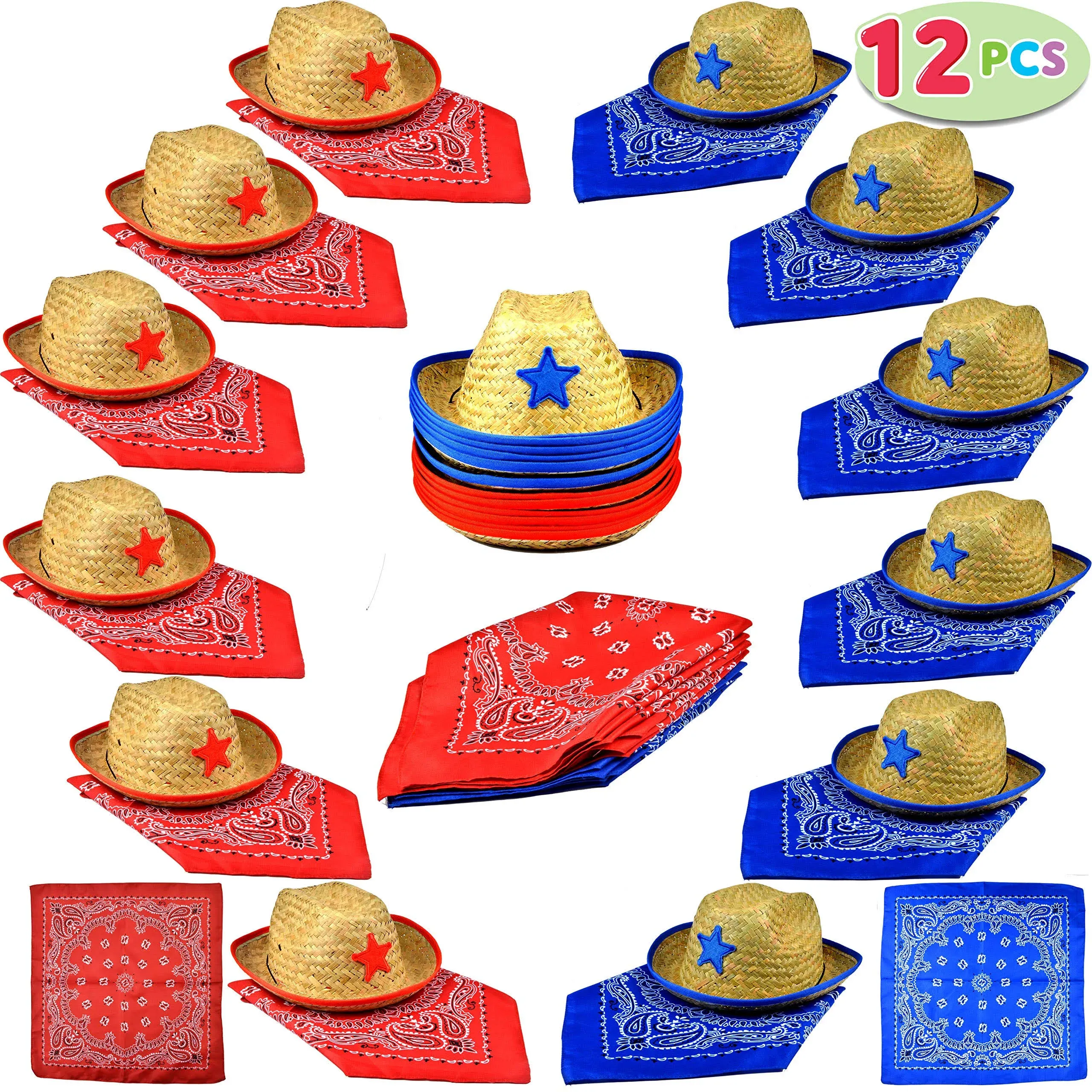 Joyin Toy Pack of 12 Childs Straw Cowboy Hats with Bandannas (6 Red &amp;... 