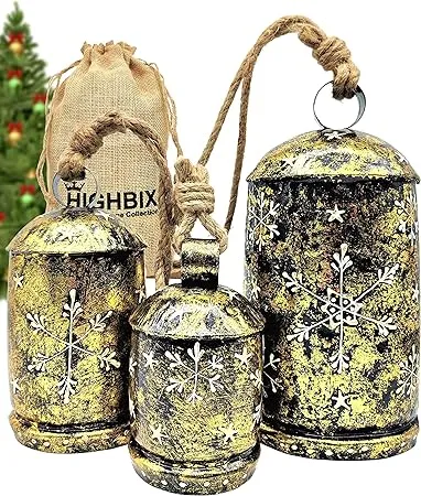 HIGHBIX Set of 3 Giant Harmony Cow Bells Huge Vintage Handmade Rustic Lucky Christmas Hanging XL Bells On Rope (Country Rustic, Large)