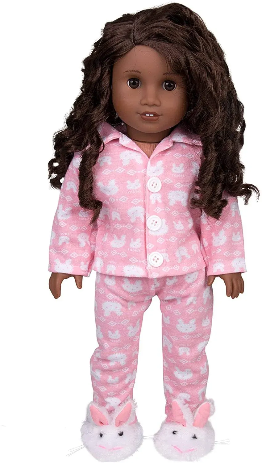 Dress Along Dolly Bunny Doll Pajamas for 18" Dolls: 3 Pcs Outfit Including Bunny Shirt, Pants, and Bunny Slippers