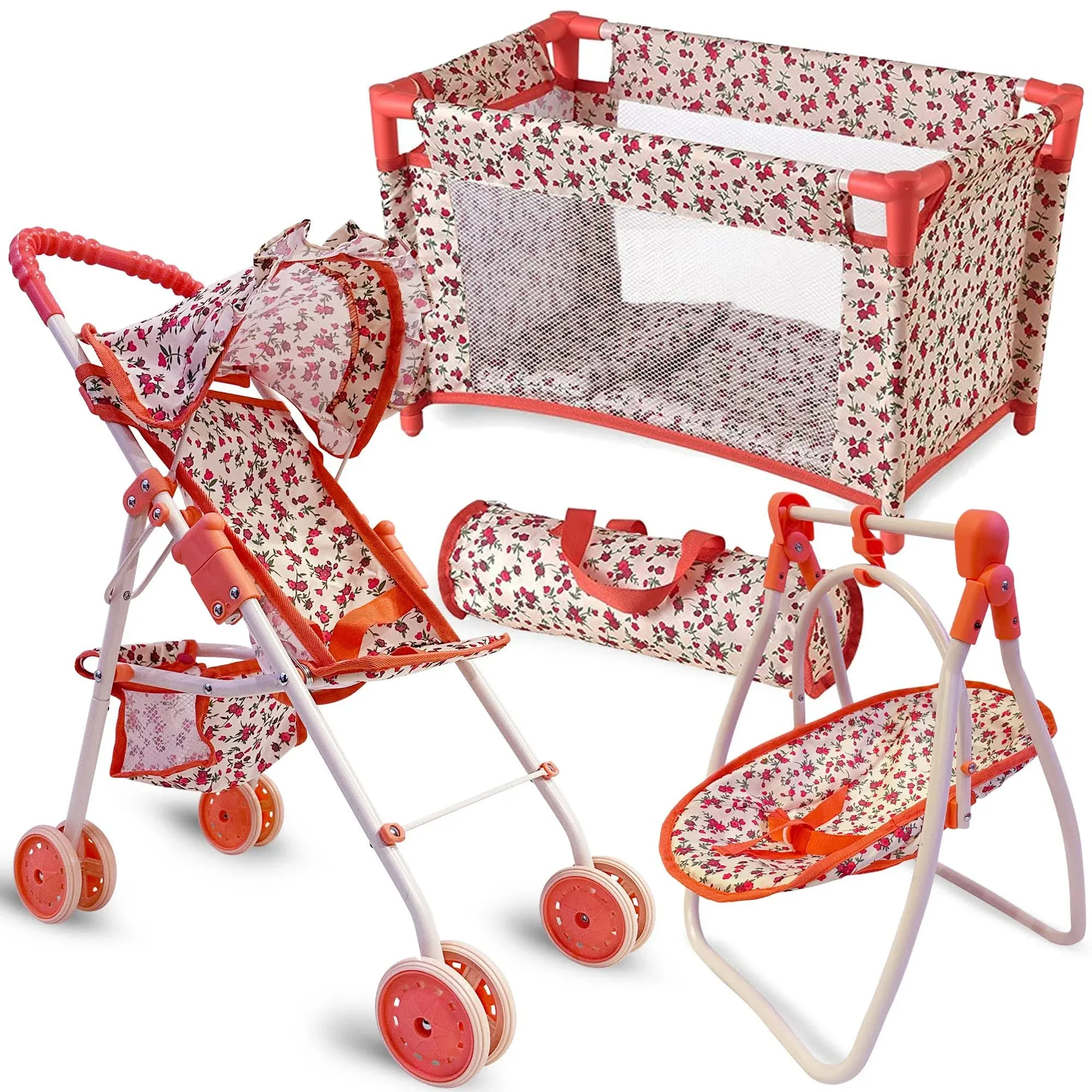 The New York Doll Collection Baby Doll Accessories Set - 3-1 Baby Doll Furniture Set with Baby Doll Stroller, Baby Doll Crib, Baby Doll Swing - Baby