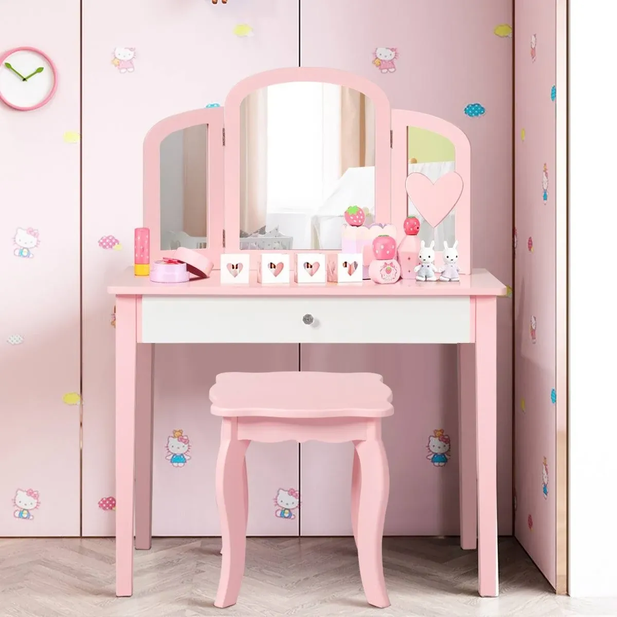 Costway Kids Princess Make Up Dressing Table with Tri-folding Mirror and Chair