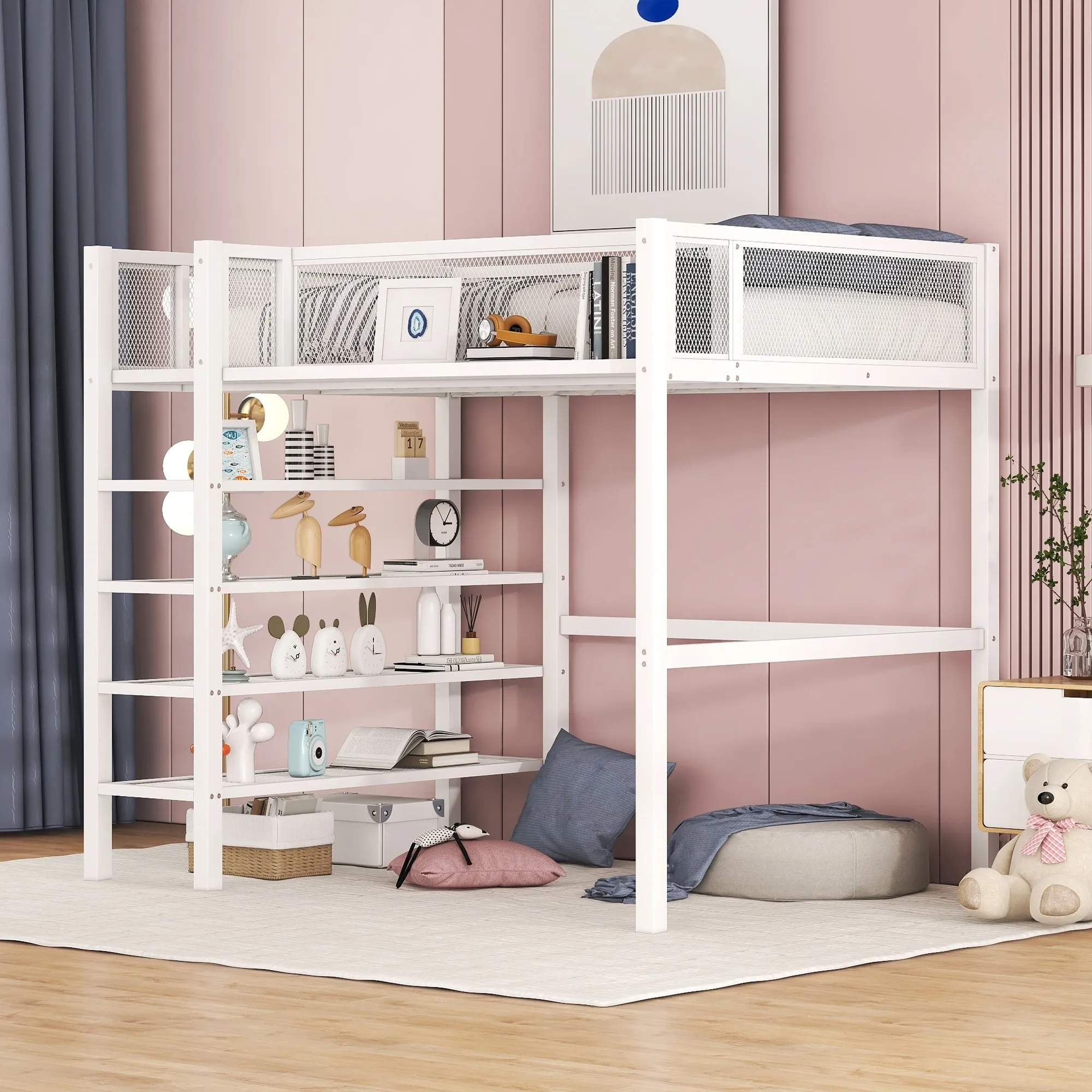 DNYN Twin High Loft Bed with One Desk and Three Shelves