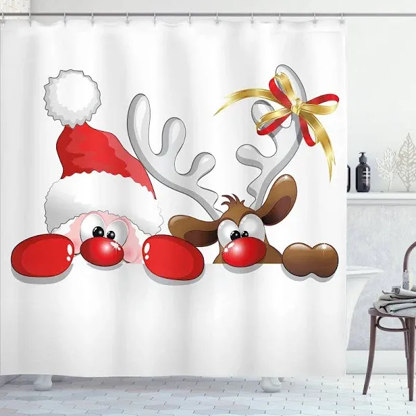 Ambesonne Christmas Shower Curtain, Funny Christmas Santa Claus and Reindeer Peeking Cartoon Style Humor, Cloth Fabric Bathroom Decor Set with Hooks, 69" W x 70" L, Vermilion Caramel White