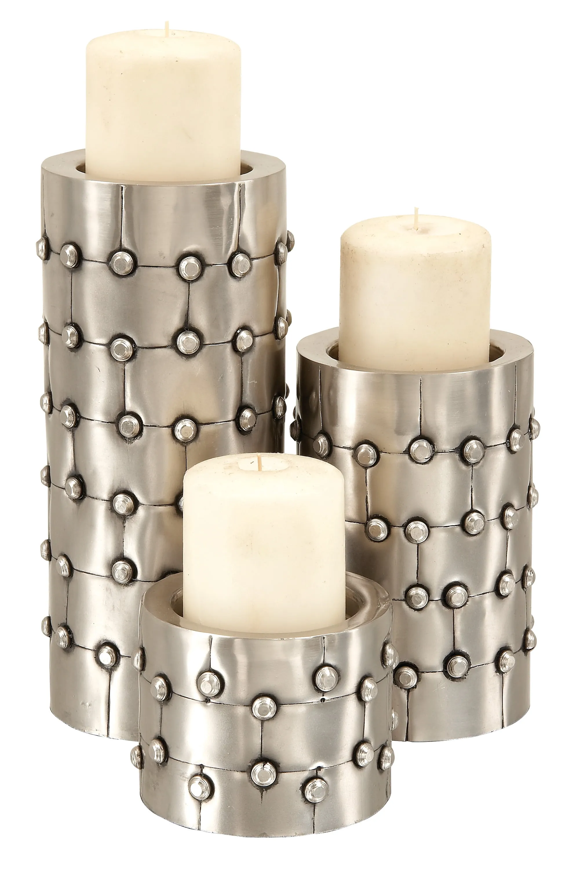 DecMode 3 Candle Silver Metal Handmade Pillar Candle Holder with Studs, Set of 3