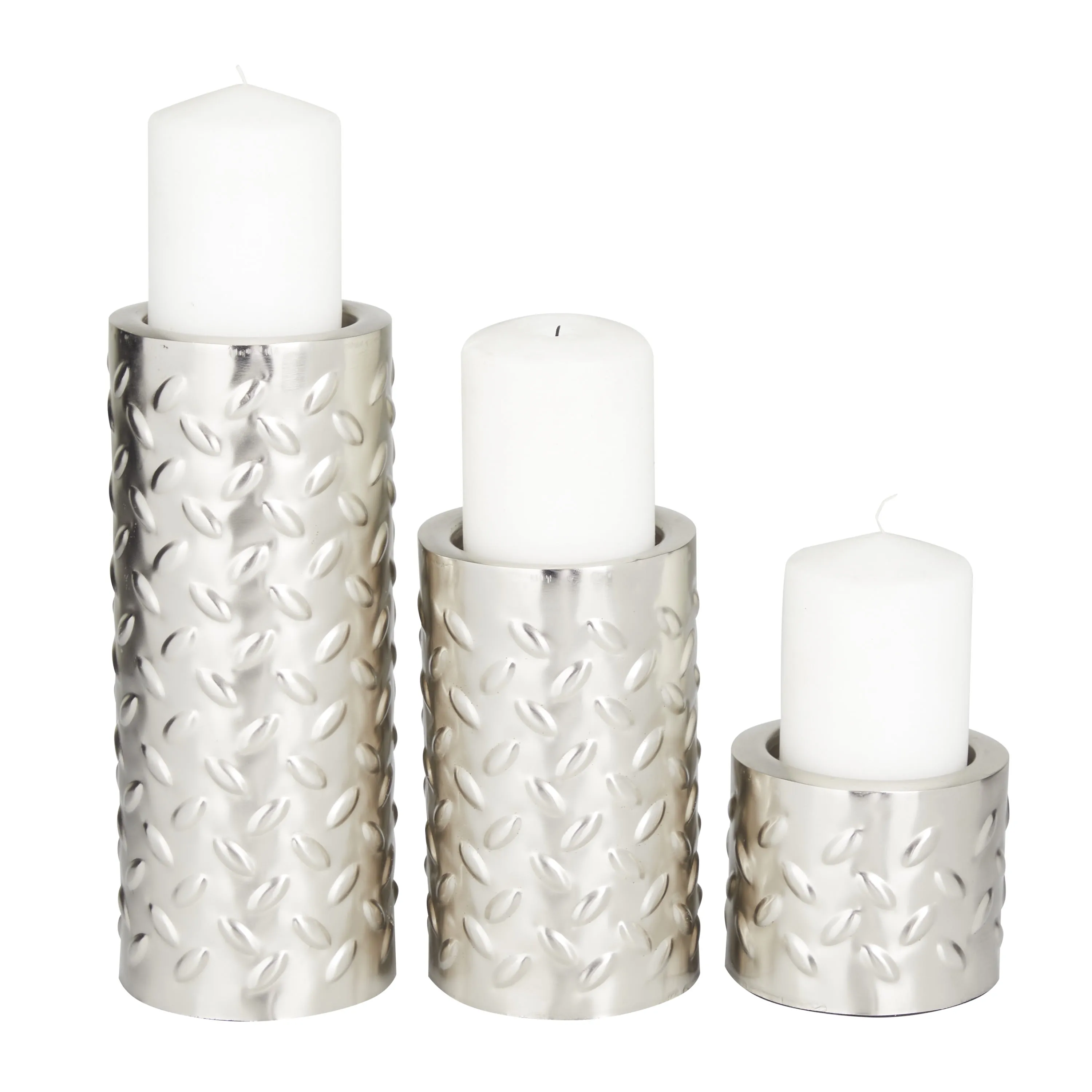 DecMode 3 Candle Silver Metal Pillar Candle Holder with Studs, Set of 3