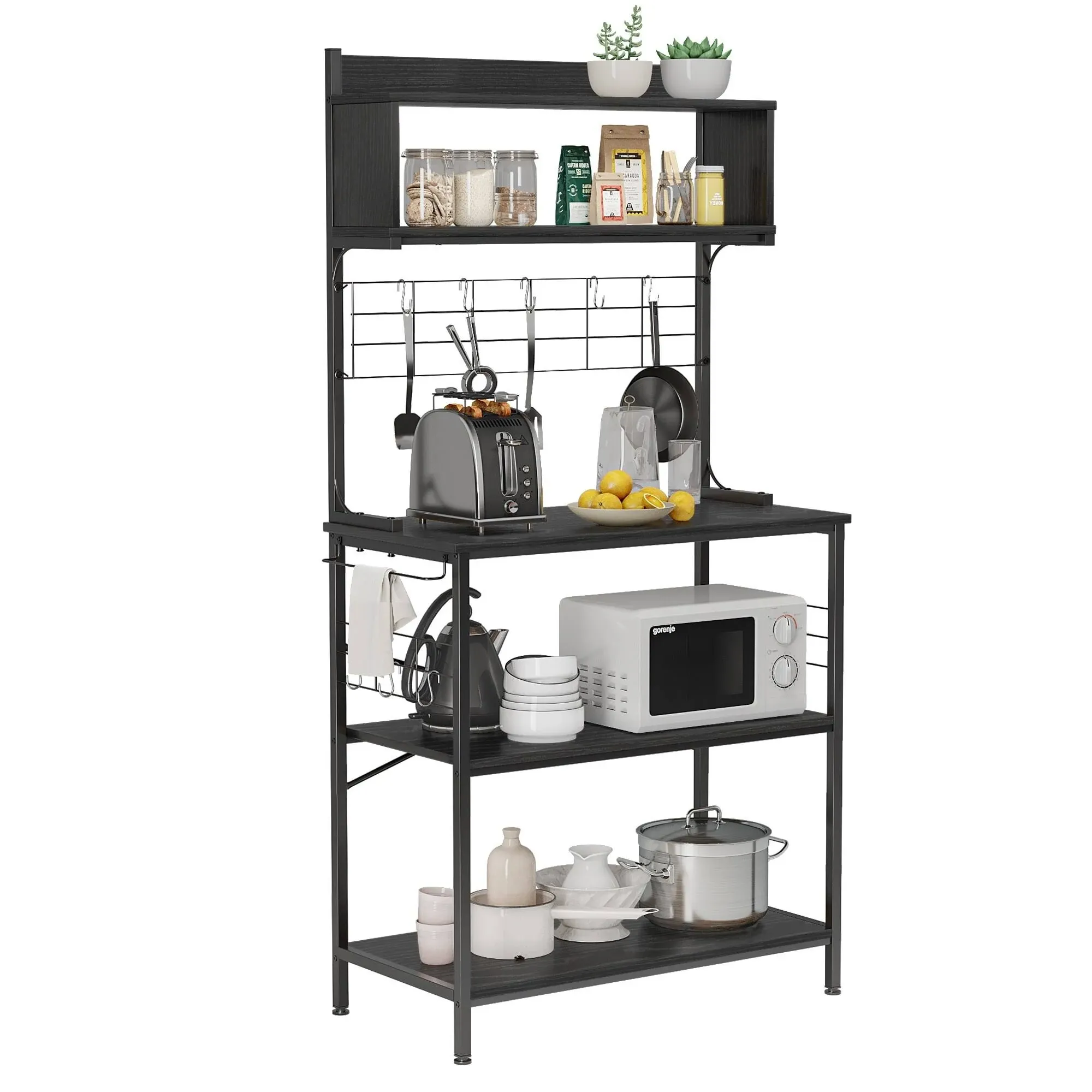 Bestier Kitchen Baker's Rack Coffee Station Microwave Oven Stand Kitchen Shelf with Hutch 8 Side Hooks Free Standing Utility Storage Shelf for Kitchen Dining Room Living Room D12