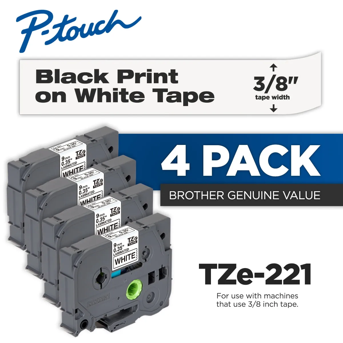 Brother P-Touch 4-Pk TZe-221, Black Print on White Standard Adhesive Laminated Tape, 0.35" x 26.2'