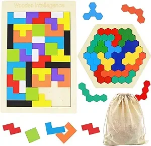 2 Pack Wooden Russian Blocks Puzzle + Hexagon Puzzles for Kids & Adults, Wooden Block Puzzle Intelligence Brain Teasers Toy Logic Game STEM Educational Gift for Children