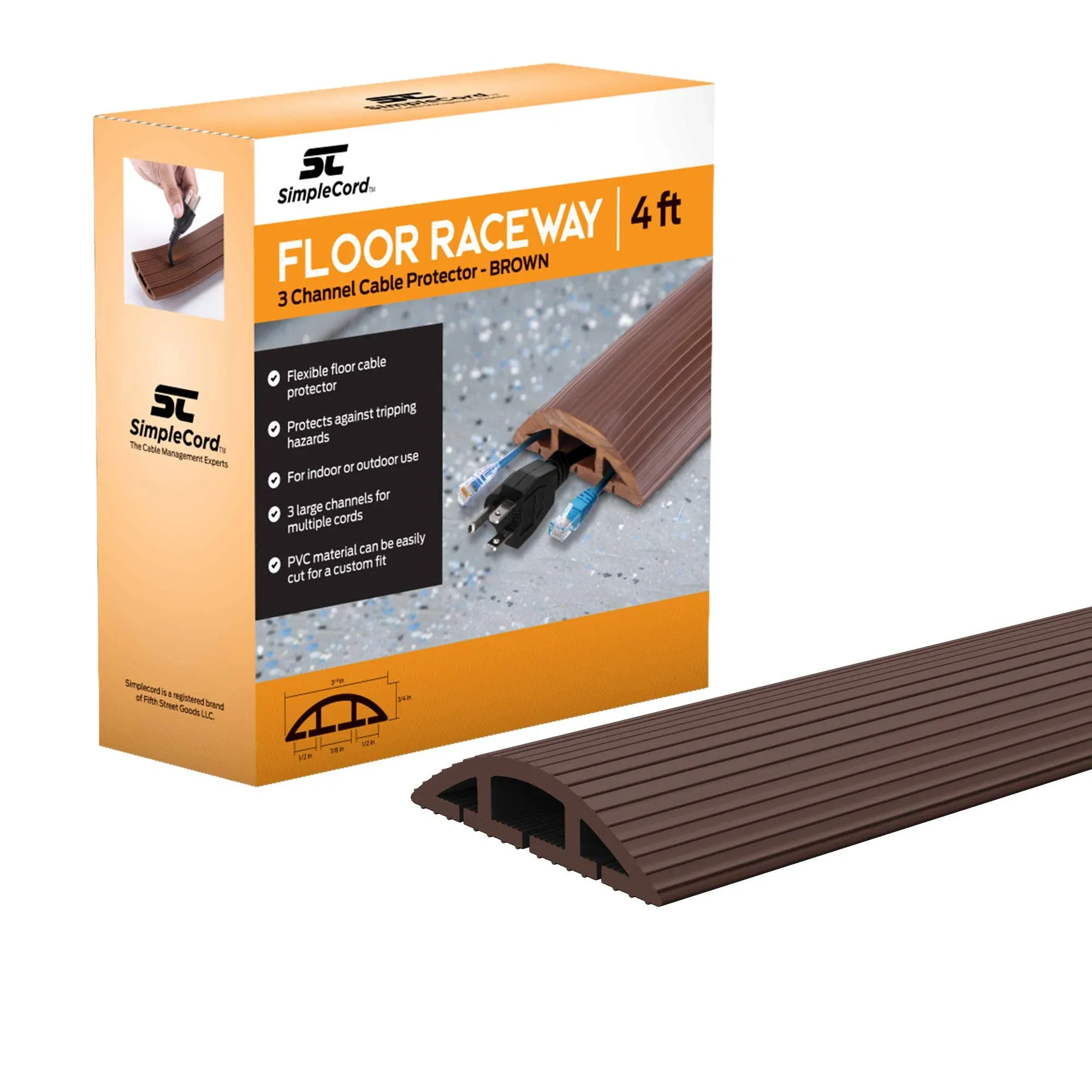 Simple Cord Brown Floor Cord Cover - 4 Ft Duct Cord Protector Covers Cables, or