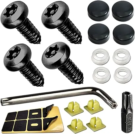 AOOTF Black License Plate Screws- Anti Theft Screws for Car Tag Frame Cover, Stainless Steel Mounting Hardware Kit for Front/Rear, M6 Security Screws, Caps, Fasteners Plug-in, Rattle Proof Pads