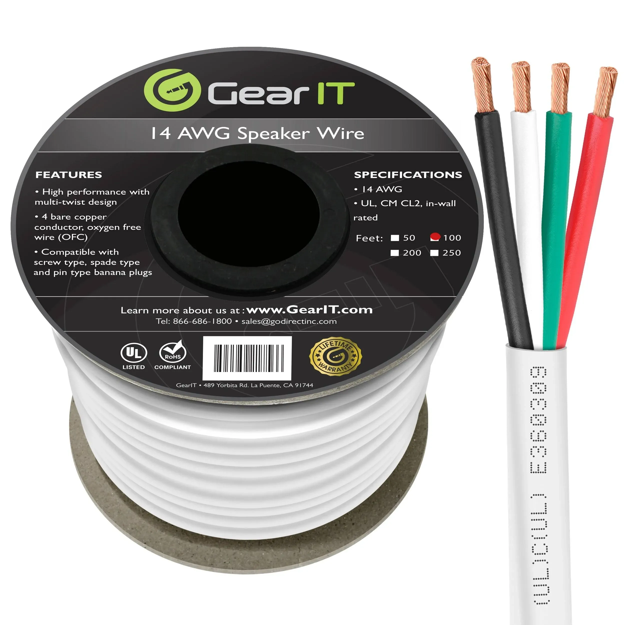 GearIT Pro Series 4-Conductor Speaker Wire OFC (99.9% Oxygen Free Copper) Speaker ...